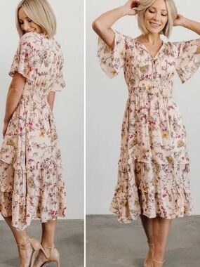 Baltic Born Spell Boho Midi Dress Blush Floral Pink Tiered Ruffled Size XL